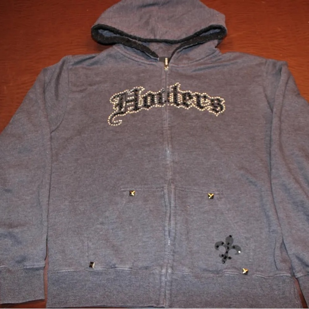 Hooters Brand Hoodie Y2K Medium Fur Lined Full Zip Studded Sweatshirt